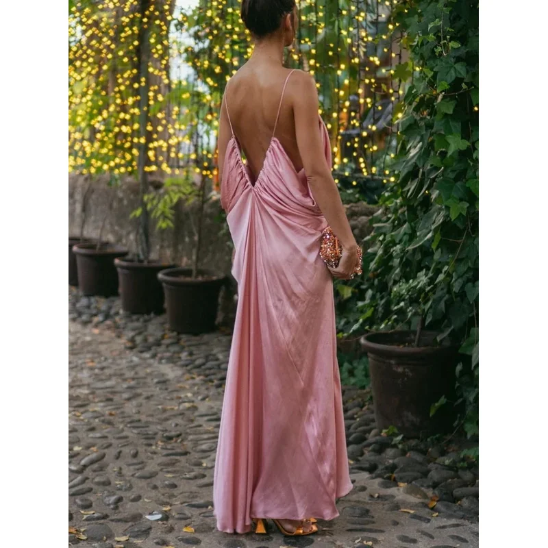 Robe longue en Satin rose élégante, dos nu, décolleté en V profond, bretelles Spaghetti, robe de soirée d'été Chic, drapée, adaptée aux Occasions formelles