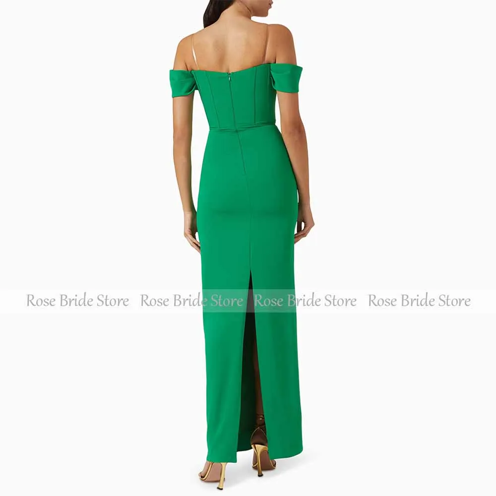 Green Maxi Evening Dresses for Women Off the Shoulder Sheath/Column  Gowns Long Transparent Spaghetti Straps Prom Dress