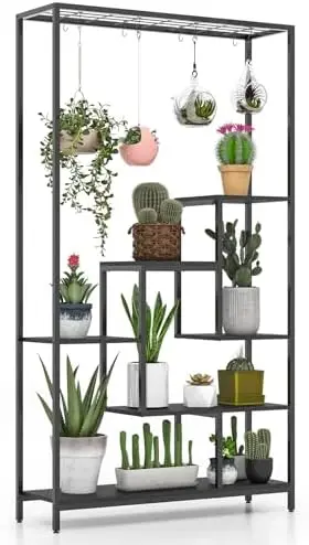 71" Tall Plant Stand Indoor, 6-Tier Metal Plant Shelf with 10 Hanging Hooks, Multiple Potted Flower Bonsai Pots Display