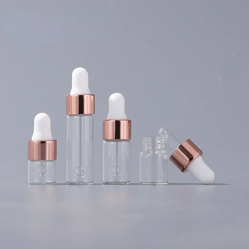 10PCS Mini Dropper Bottles Glass Empty Essential Oil Aromatherapy Bottles Rose Gold Cap Pipettes Bottles 1ml 2ml 3ml 5ml