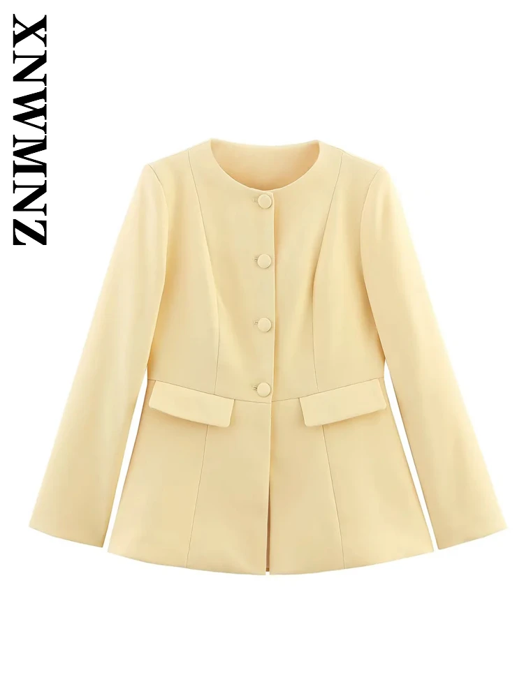 

XNWMNZ 2025 Spring New Product Women Clothing Commuting Chic Long Sleeve Coat Simple Casual Woman Yellow O-Collar Fashion Slim