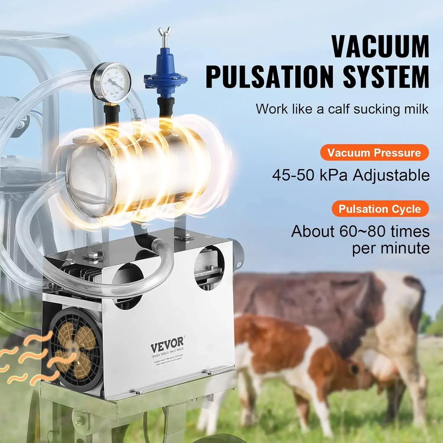 Electric Cow Milking Machine, 6.6 Gal / 25 L 304 Stainless Steel Bucket, Automatic Pulsation Vacuum Milker, Portable Milke