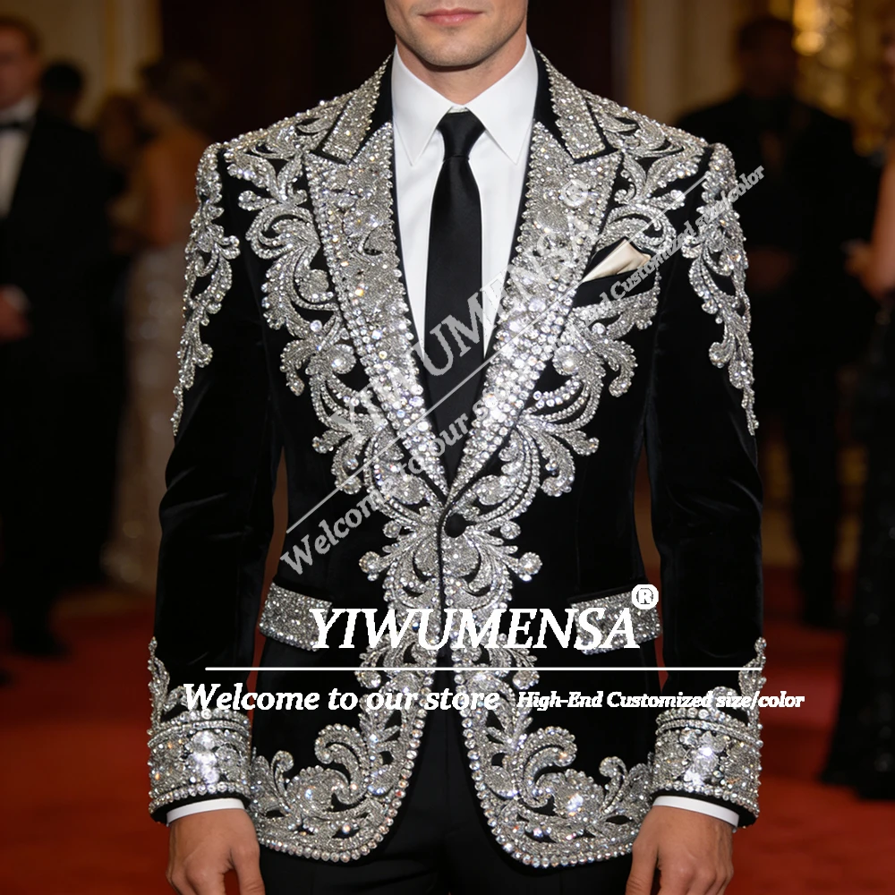 

Exquisite Beaded Stones Suits Men 2 Piece Single Breasted Groom Blazers Customized Man Banquet Outfits Slim Fit Terno Masculinos