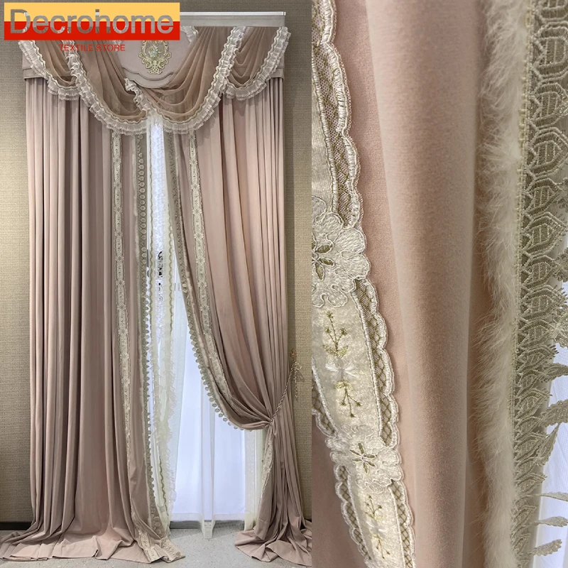 

French Romantic Pink Velvet Lace Stitching Curtains for Living Room Bedroom Windows Balcony Bay Window Embroidered Window Screen