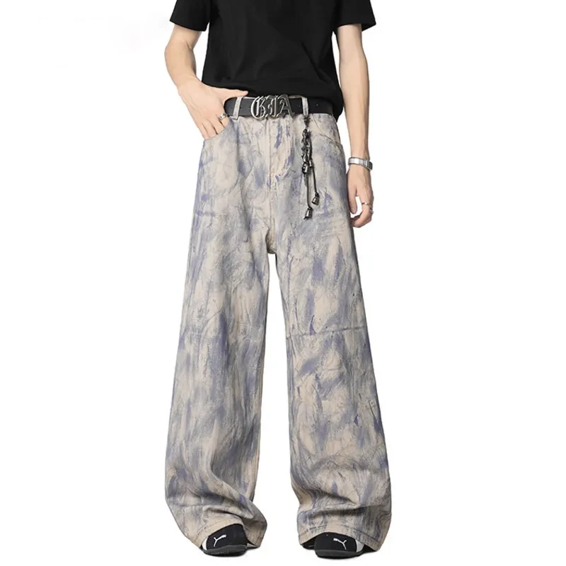 กางเกงยีนส์ผู้ชายดีไซน์เฉพาะตัว ลายกราฟฟิตี้สีสันสดใส สไตล์ลำลอง ทรงตรง แมทช์ได้กับทุกชุด เหมาะสำหรับฤดูใบไม้ผลิ