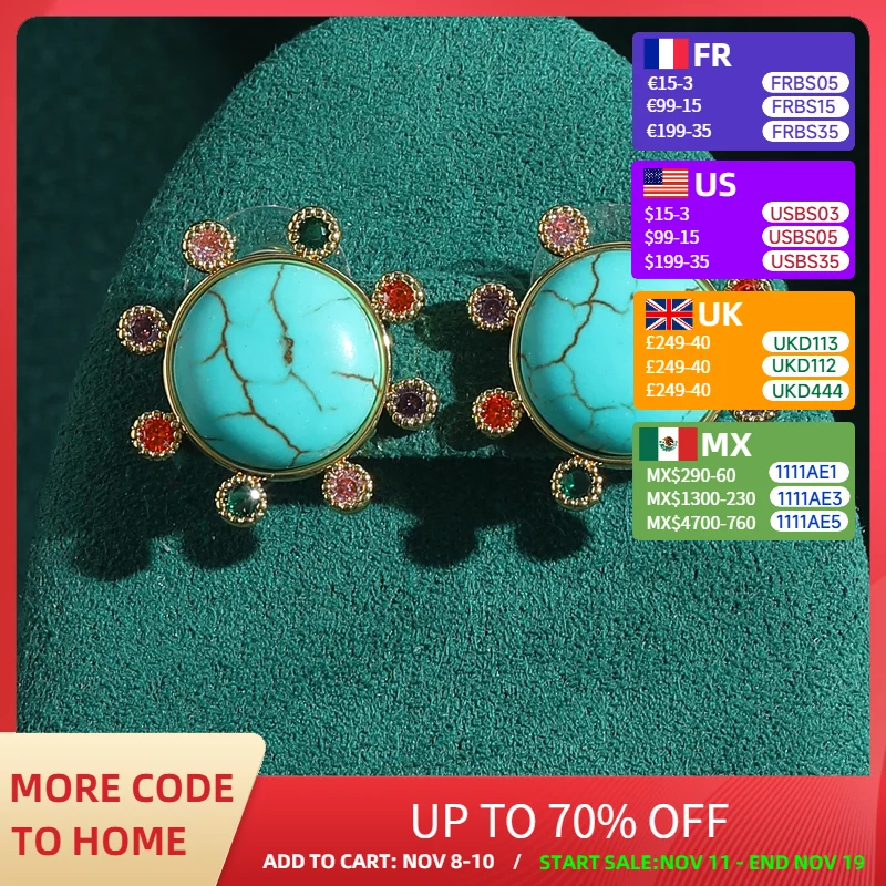 

Vintage Sun Blue Turquoise Stud Earrings For Woman Colorful Rhinestones Bohemia Luxury Gold Color Jewelry Accessories Wedding