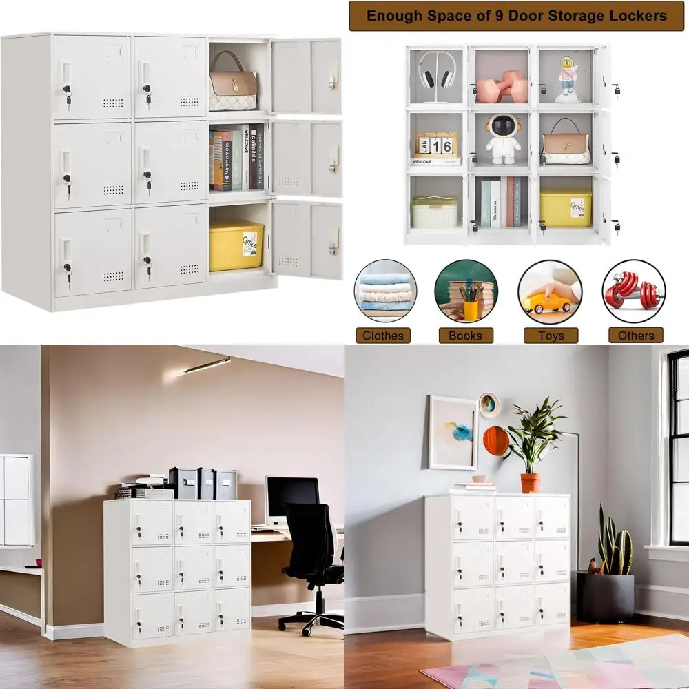 

9-Door Steel Locker, Compact Storage Cabinet, Home and Gym Use, Gray and White