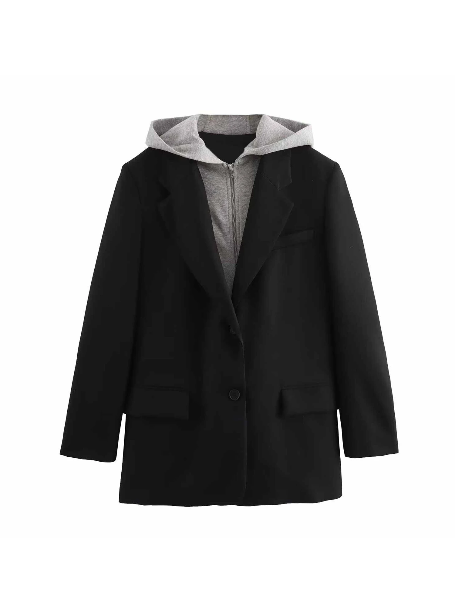 Women Grey Hoodie Patchwork Blazer Coat Fashion Vintage Streetwear Harajuku Loose Long Sleeve Suit Jacket Outerwear Top Clothes