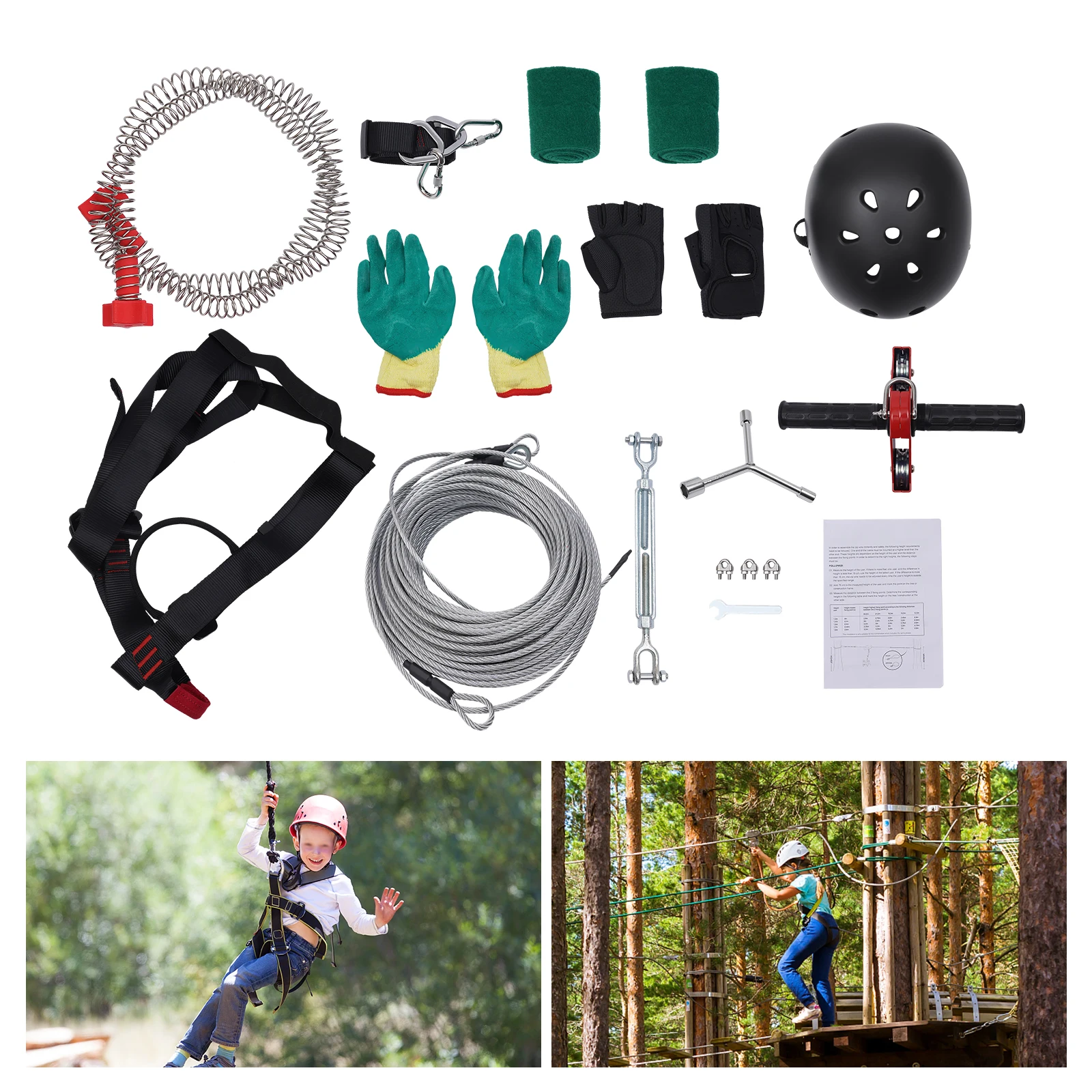 120FT Zip line Kit W/ Stainless Steel Spring Brake & Helmet All-Around Protection for Over 3 Years Old