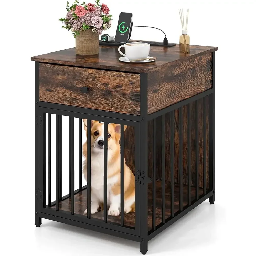 

Pet Crate Side Table with Charging Station, Small Dog Kennel Furniture, Rustic Brown