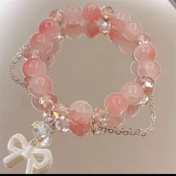Sweet Pink Crystal Beads Bracelets for Women Fashion Bow Pendant Tassel Chain Bracelets Charms Summer Jewelry Accessories