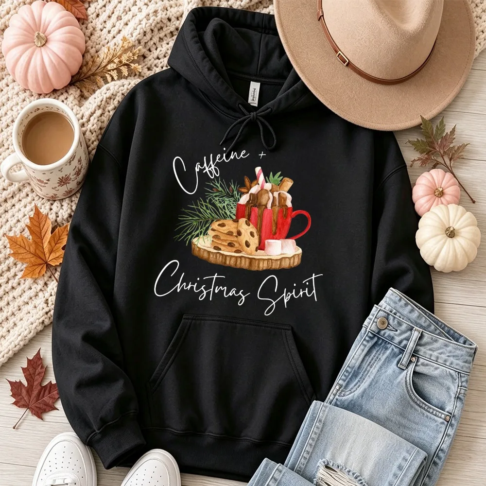 Caffeine Christmas Spirit Graphic Hooded Sweatshirt Hot Coffee Mug Cookie Pine Branch Winter Xmas Holiday Letter Pullover Tops