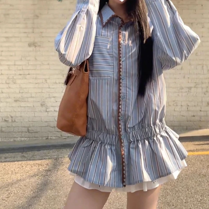 

French Contrast Stripe Cinched Waist Long Sleeve Shirt Women's Fall 2025 New Casual Slimming Lapel Cardigan Jacket