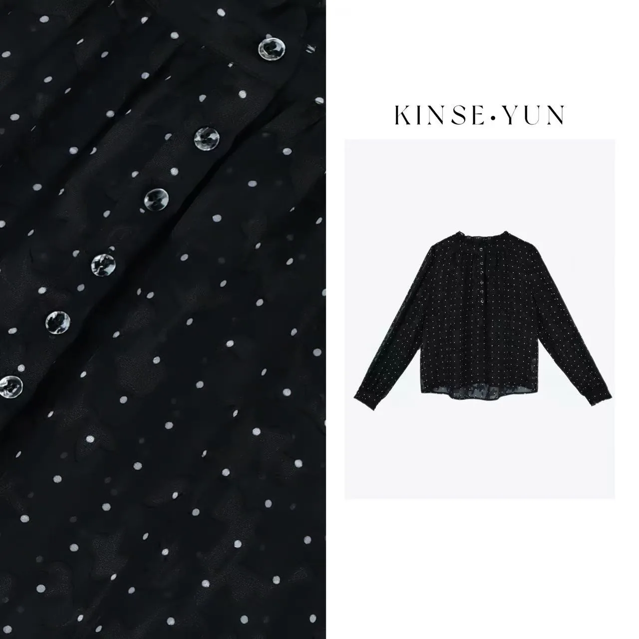 

KINSEYUN Black Sequin Breathable Long Sleeve Shirt with Floral Embroidery Polka Dot Trim Comfortable round Neck Design for Women