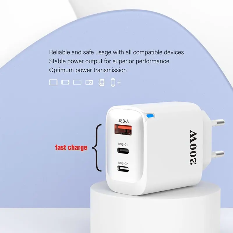 200W 1 USB+2 Type-C 3 Ports Fast Charger Phone Power Adapter EU/US/UK Plug Wall Charger For Xiaomi iPhone Samsung Huawei/Tablets - náhled 5