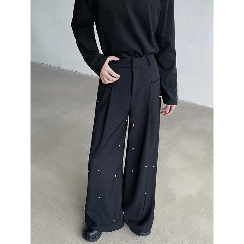 

Fashion Pearl Rivet Design Men's Suit Pants Korean Straight Loose Wide Leg Casual Trousers 2024 Autumn Men Clothing