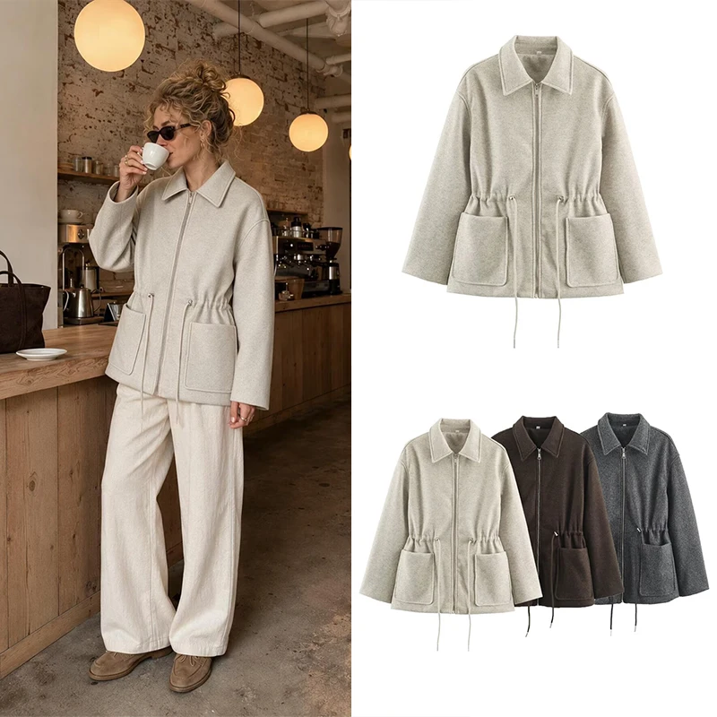 Guobioziy Women's Slim Drawstring Wool Coat 2026 Spring-Autumn New Style European Casual Fashion Trendy Luxury Old Money Style