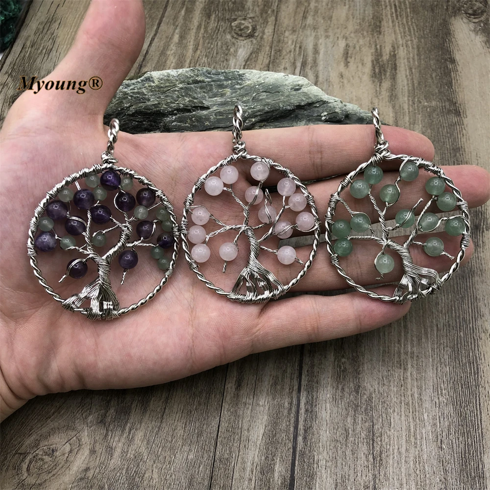 Large Natural Gems Stone Crystal Quartz Beads Wire Wrap Life Of Tree Necklace Pendants MY221035