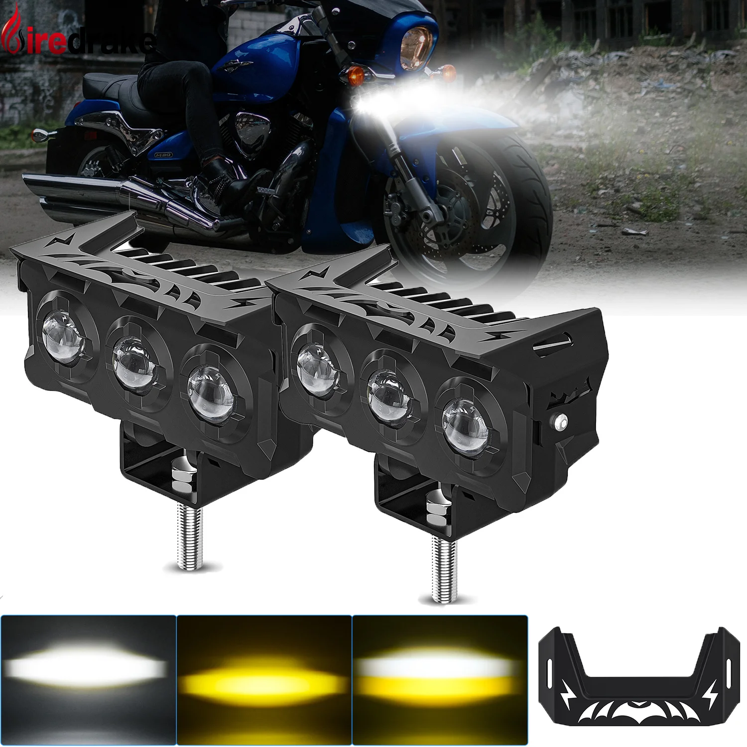 Motorcycle Spotlights Led Headlights 180W White Yellow Super Bright Motorcycles Auxiliary Front Lights 6000K 18000LM Fog Lamps