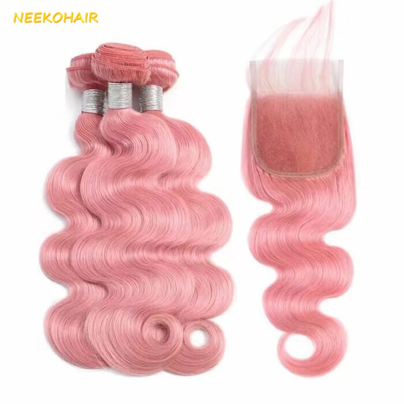 Bundel berwarna merah muda terang dengan 13x4 gelombang tubuh tenun depan Remy 100% bundel rambut manusia Brasil merah muda dengan penutup 4X4