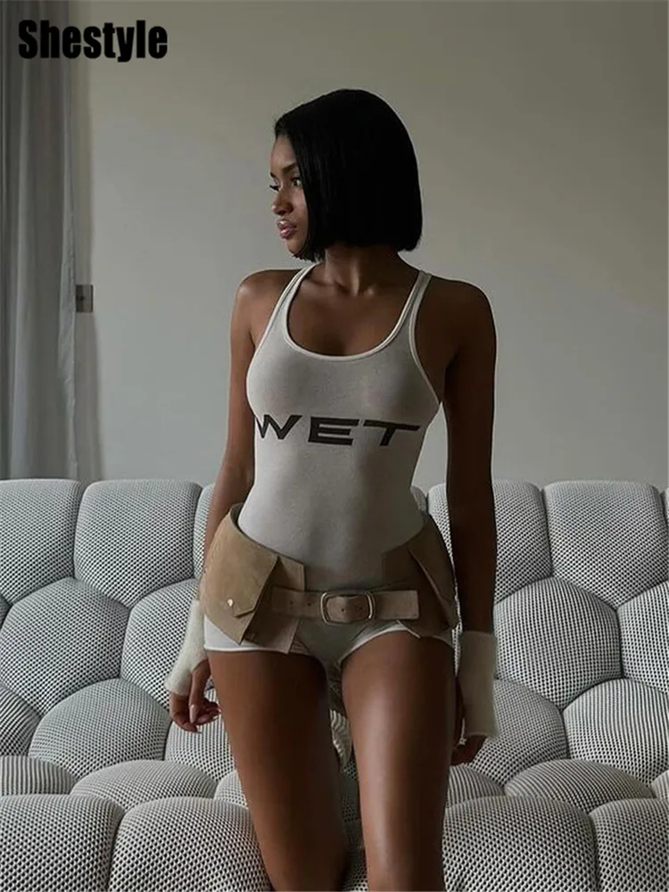 Shestyle Wet Letter Playsuit Transparent White U Neck Sleeveless Shorts Sexy Casual Bodycon Sportwear Dropshipping Rompers