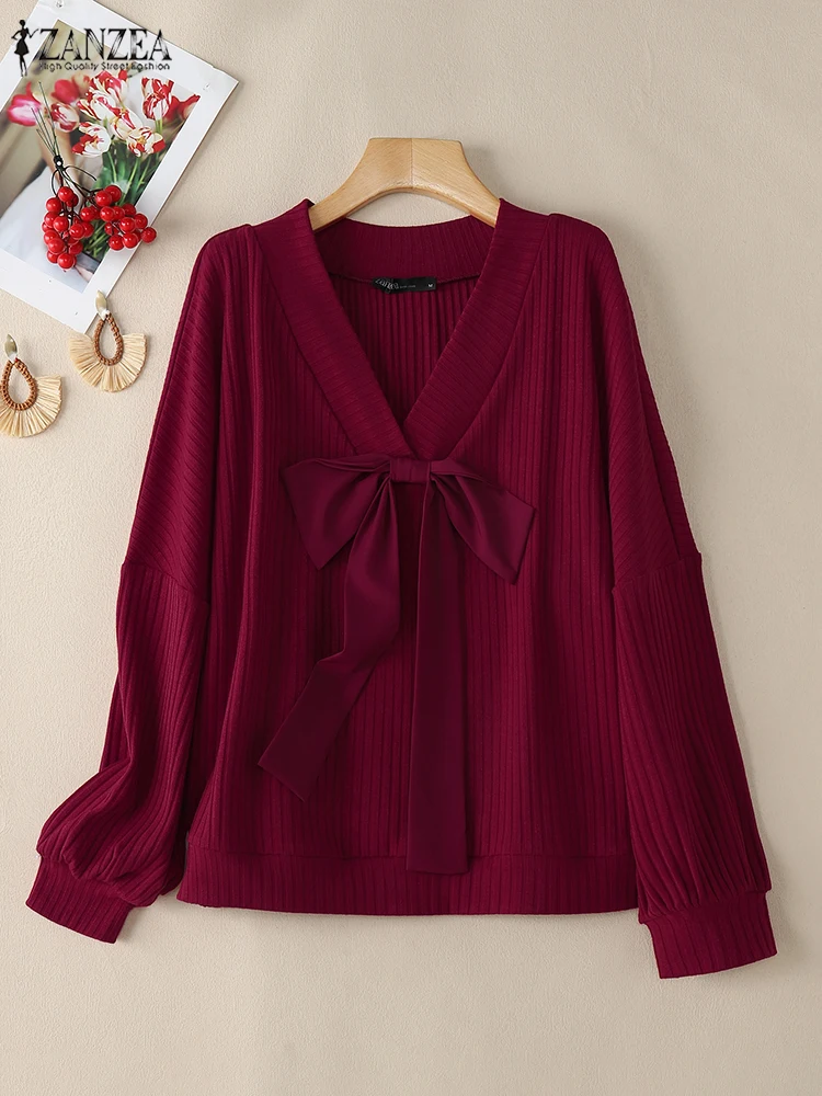 Vintage Women Blouse 2024 ZANZEA Fashion Casual Bow Tie Shirt Elegant Solid Holiday Blusas Mujer V Neck Long Sleeve Loose Tops