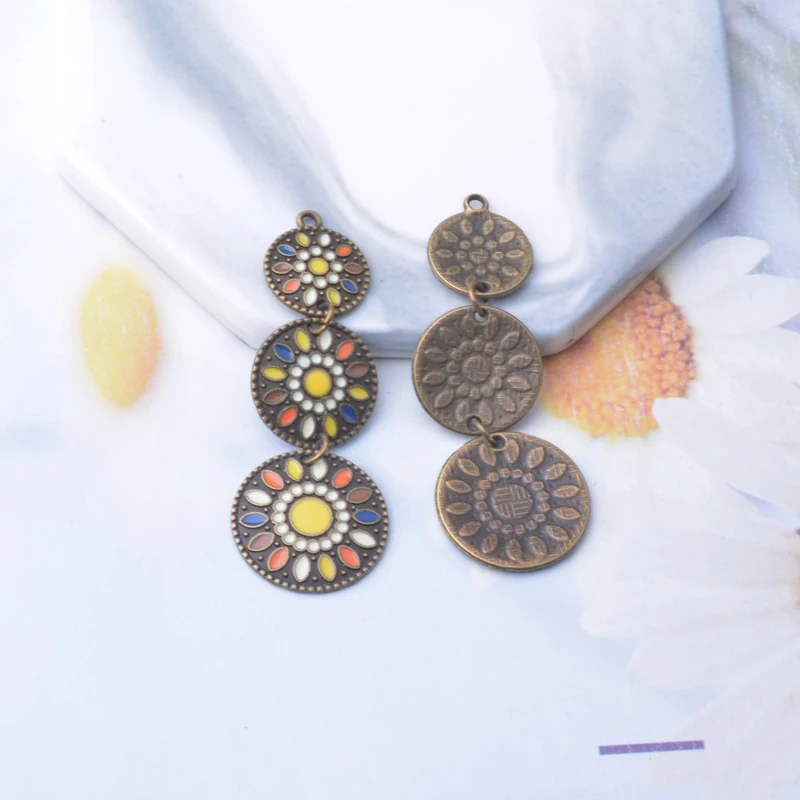 6 Stück/Set Legierung Antikbronze Silberfarben Runde Lange Anhänger Bohemian-Stil Emaille Anhänger DIY Ohrringe Schmuckzubehör – Detail 4