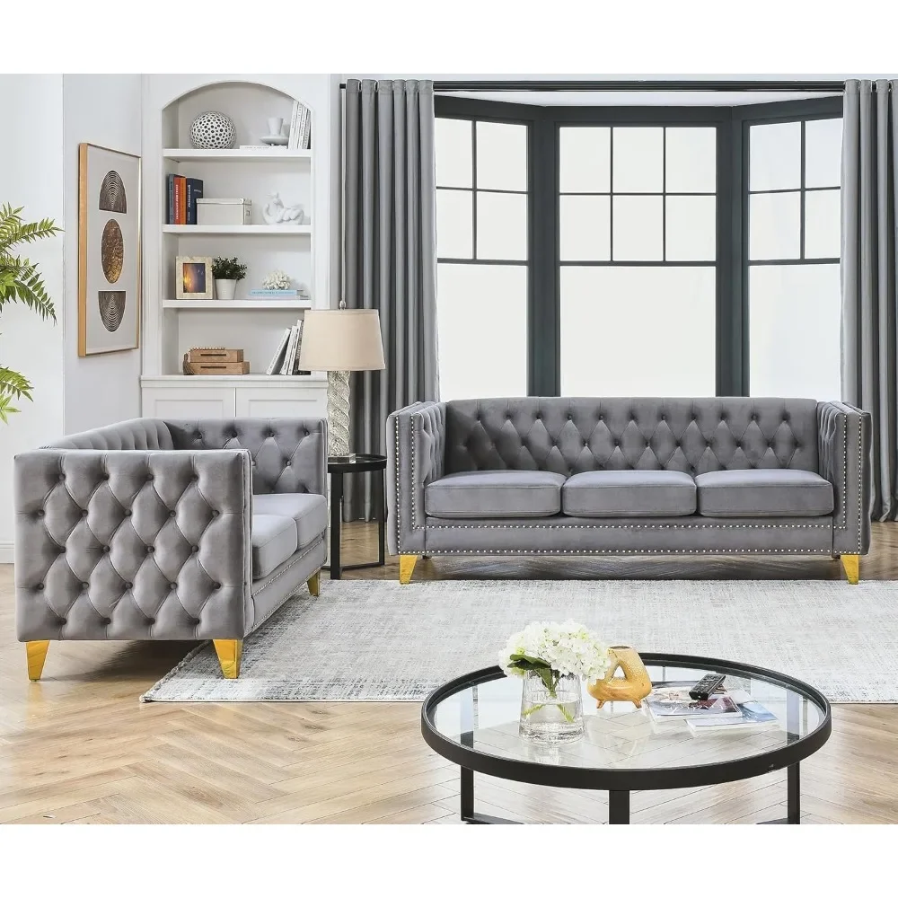 

Velvet Living Room Sofa Set, Sofa with Tufted Back and Rivet Decoration, Couch with Solid Golden Metal Tapered Legs, Sofas
