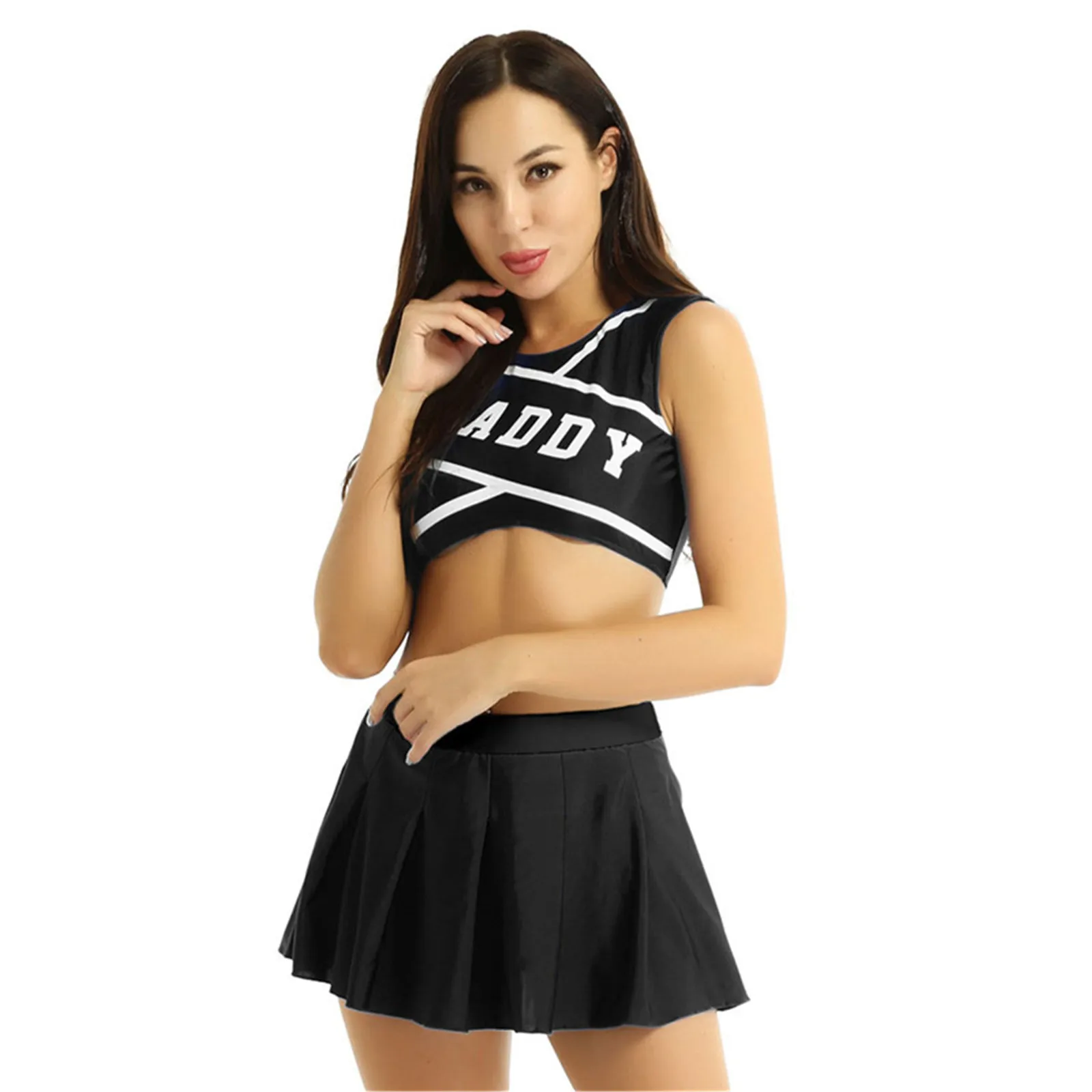 Vrouwen Volwassenen Schoolmeisje Cosplay Cheerleading Kostuum Set Mouwloze Cropped Tops + Mini Rok Game Cheerleader Uniformen Femme