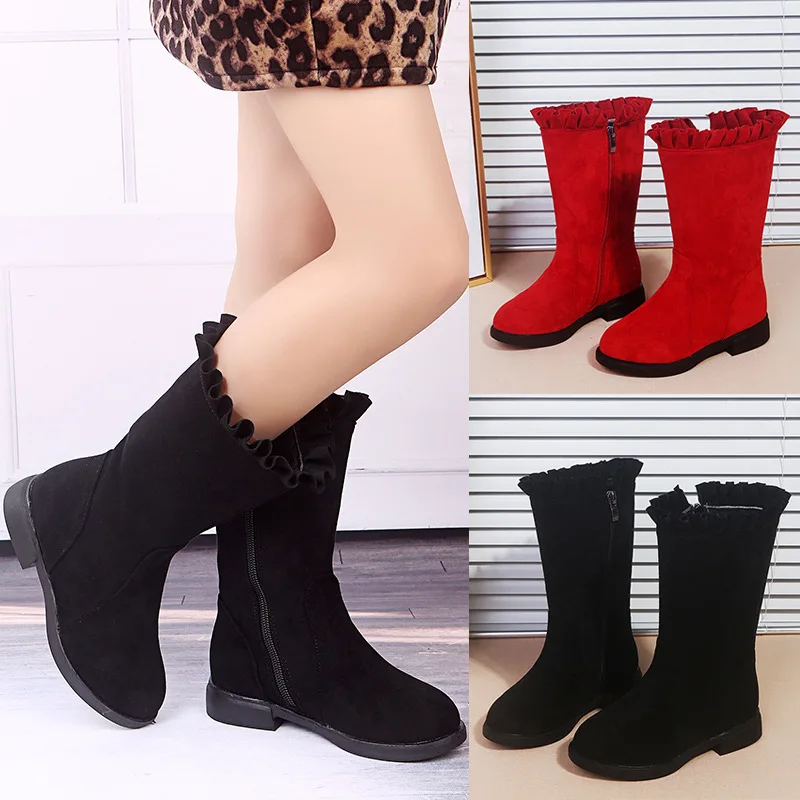 2023 New Girls Boots  Winter Fashion Warm  Princess Kids Shoes Black Red Flat shoes Children High Boots Size 26-37 CSH1199