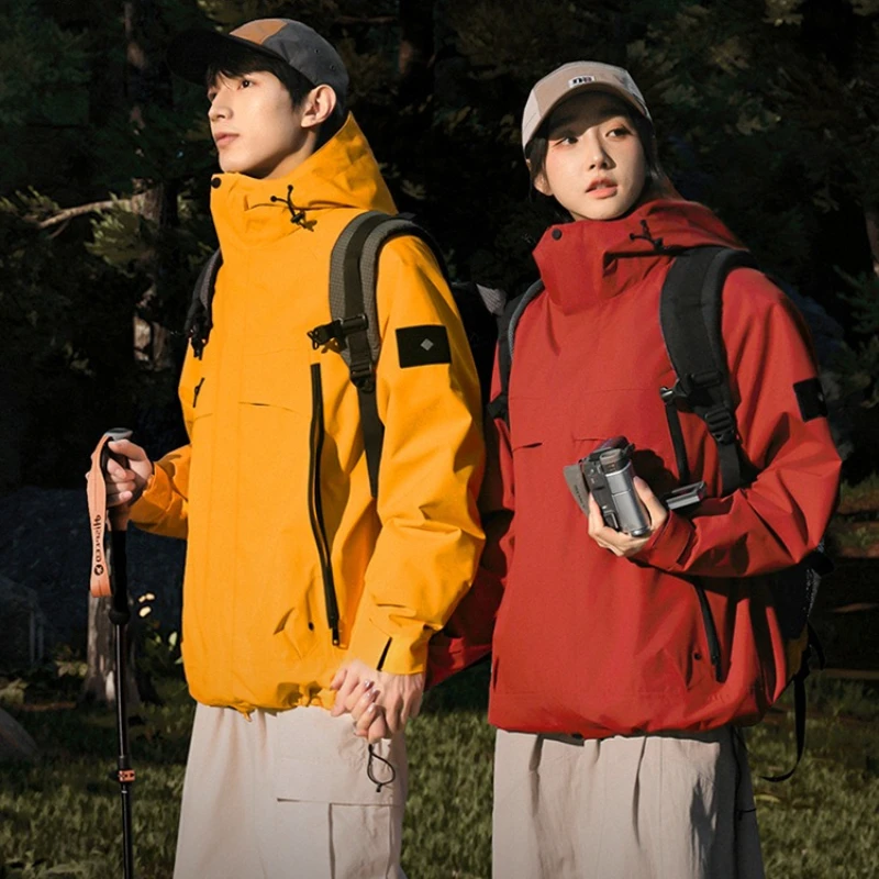 2026 Fall/Winter New Outdoor Windproof Wear-Resistant Hiking Jacket with Hood for Men and Women Yellow Mountaineering Coat