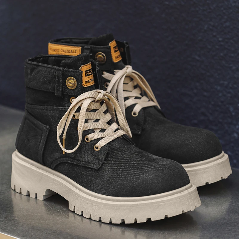 Mężczyźni Platforma Denim Boots Vintage Design Ankle Shoes Male Brand Wysokiej jakości Wygodne buty Cool Casual Lace Up Outdoor Shoes