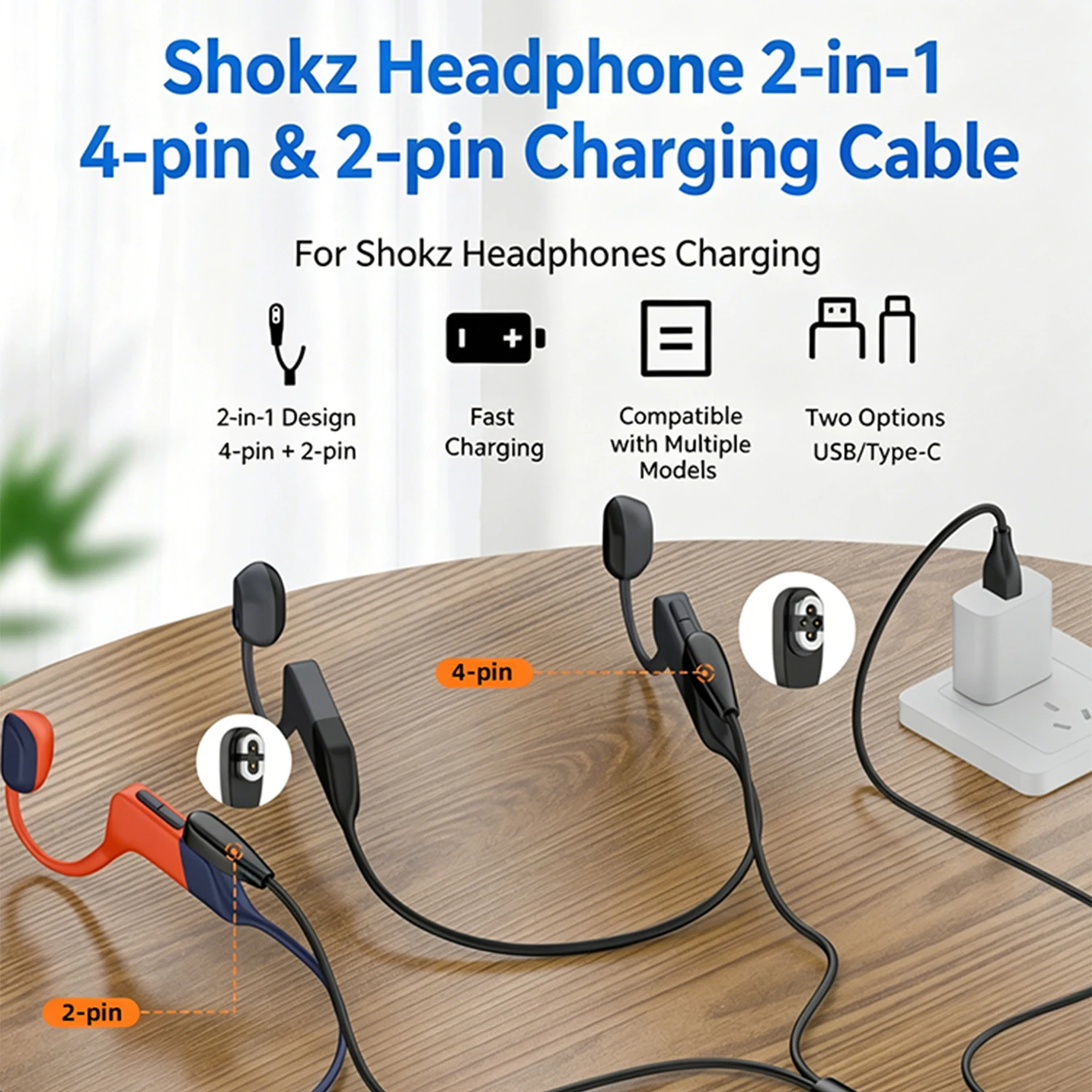 Bone Sound Conduction Headphone Magnetic USB-C A to 4pin/2pin 2 in 1 Charging Cable for Shokz OpenRun Pro/OpenSwim Pro GARMIN