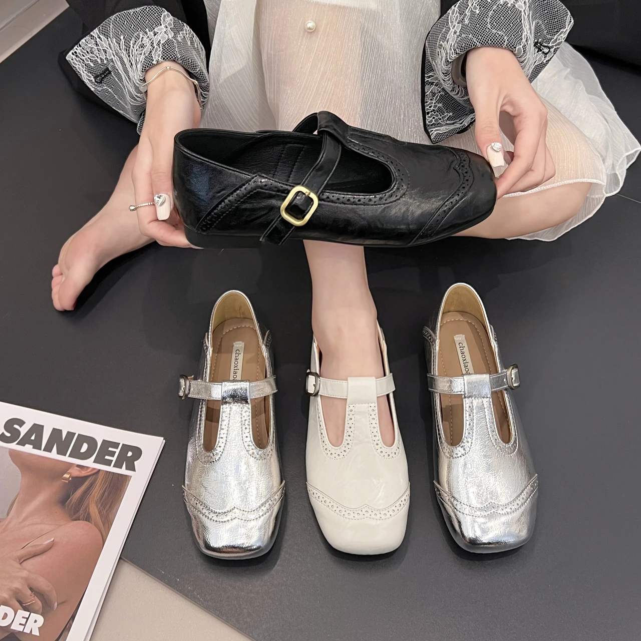 

Square Toe T-Strap Buckle Mary Jane Flats for Women Vintage Brogue Leather Shoes Comfortable Non-Slip Casual Daily Footwear