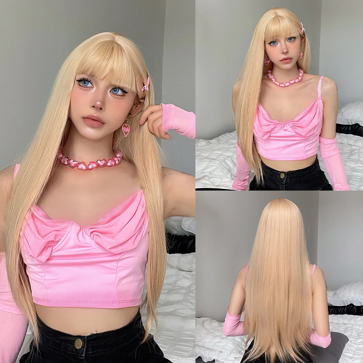 

Blonde wig, bangs, waist length straight hair, wig full head cover, high temperature silk wigs.