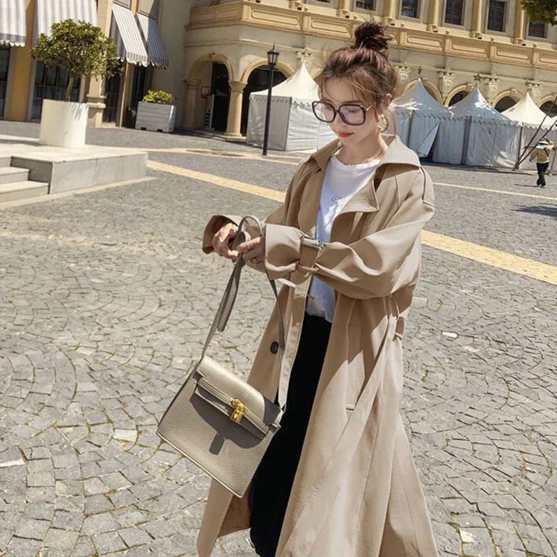 2025 New Fashion Women Mid-length Trench Coat Khaki Blue Double Breasted With Belt Spring Autumn Loose Casual Female Windbreaker