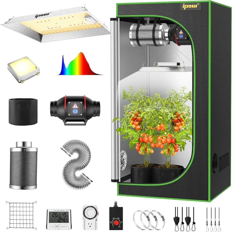 Grow Tent Kit Complete System 2x2 ft LED Grow Light Dimmable Full Spectrum Indoor Grow Tent Kit 24"x24"x55" Hydroponics