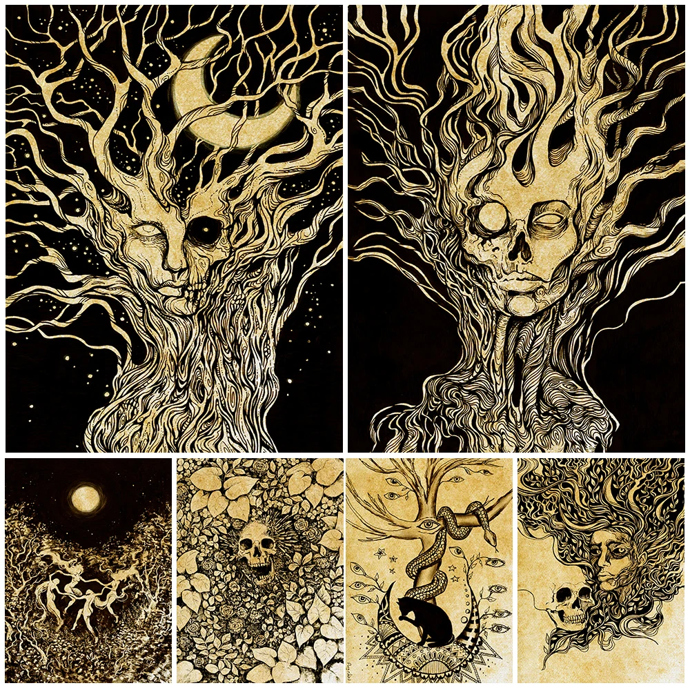 

Night Watcher Of Forest And Witch Sabbath Vintage Wall Art Canvas Painting Mysterious Cat Snake Tree Retro Poster Print Decor