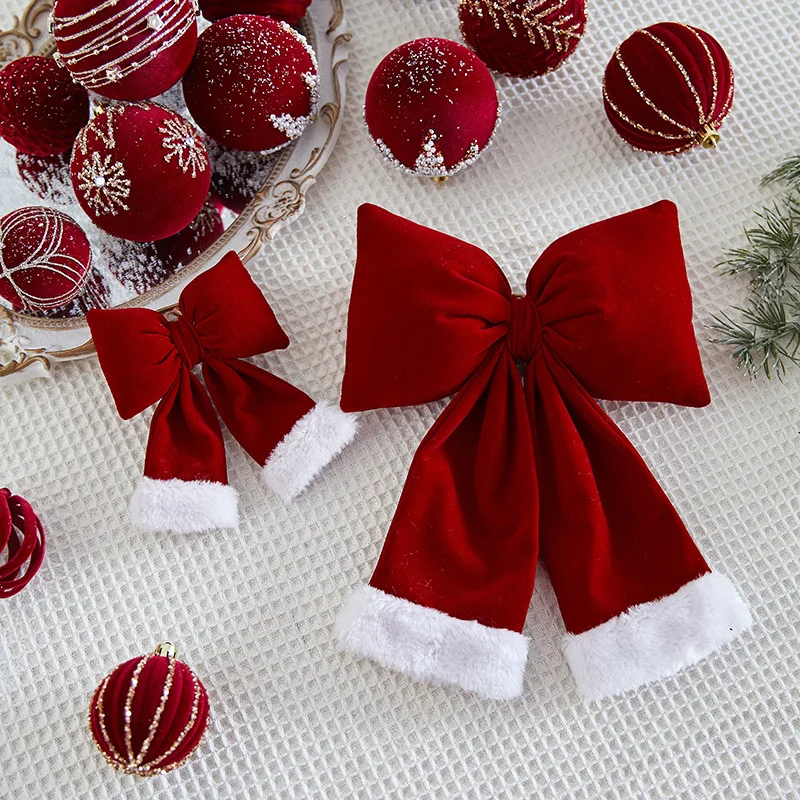 Lazos de Navidad de terciopelo con cable para decoración al aire libre, lazo rojo grande y suave para adorno de árbol de Navidad