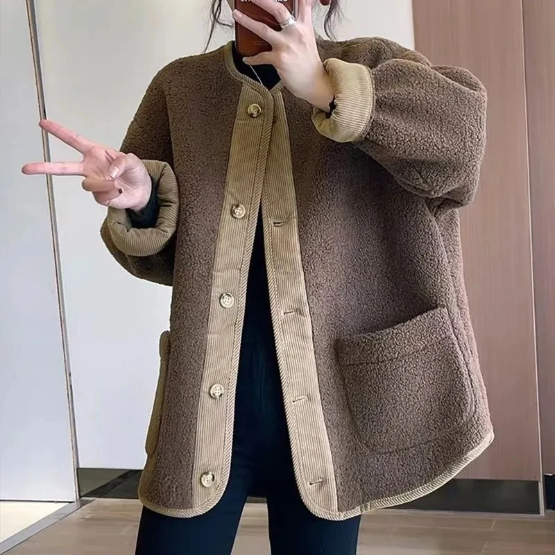 Lamb wool Jacket Women's New 2026 Autumn/Winter Short Loose and Thicken Baseball Jackets Female O neck Casual Outwear Tops