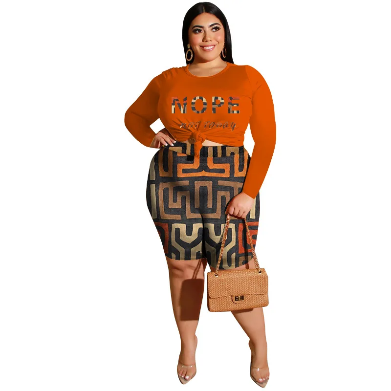 Wmstar Plus Size Women Clothes 2 Pcs Printing High Waist Great Stretch Long Sleeve Shorts Fashion Casual Two Piece Set Wholesale