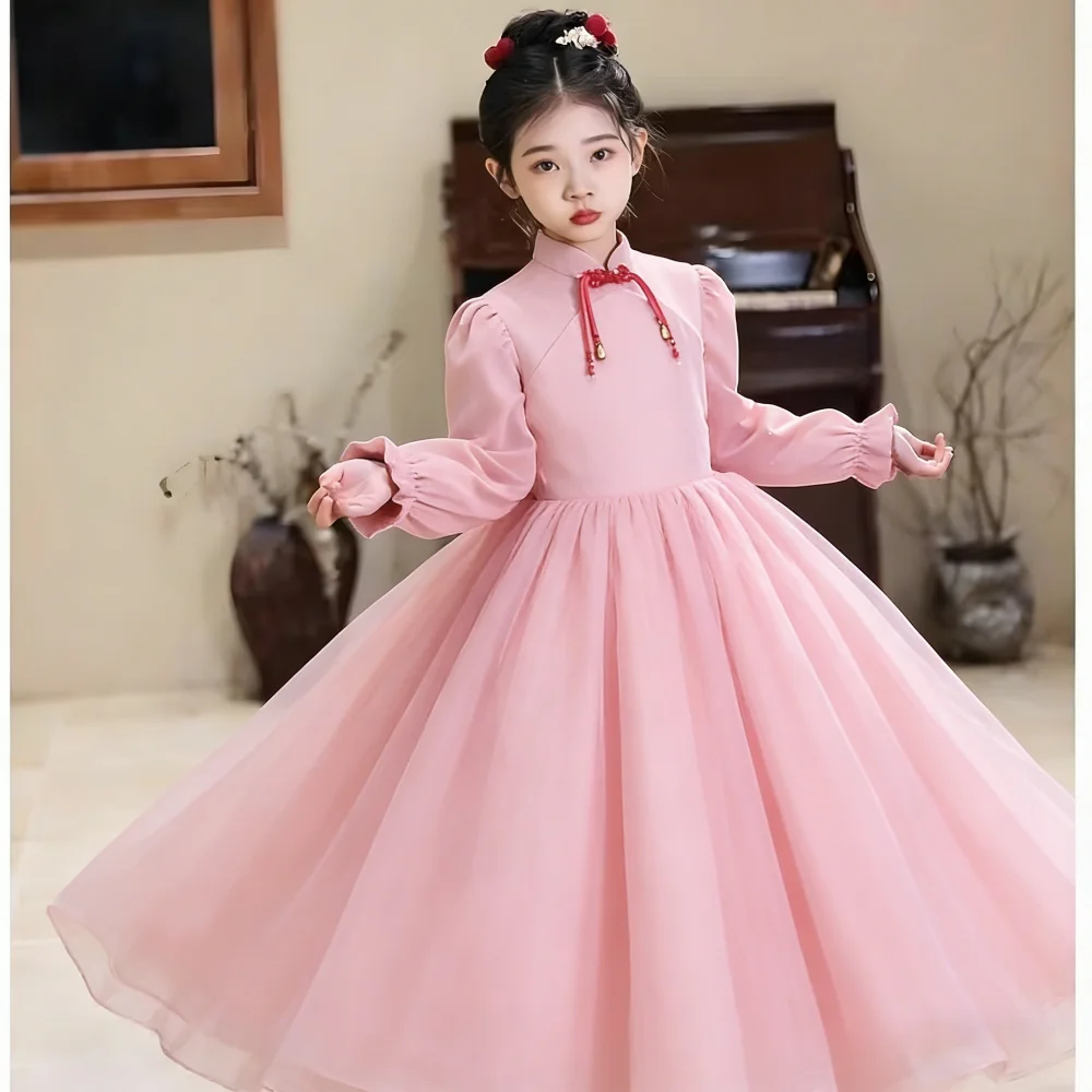 Kids Girls Burgundy Long Sleeve Vintage PartyPageant Wedding Evening Formal Wear Dress Children Floral Princess Gown Birthday