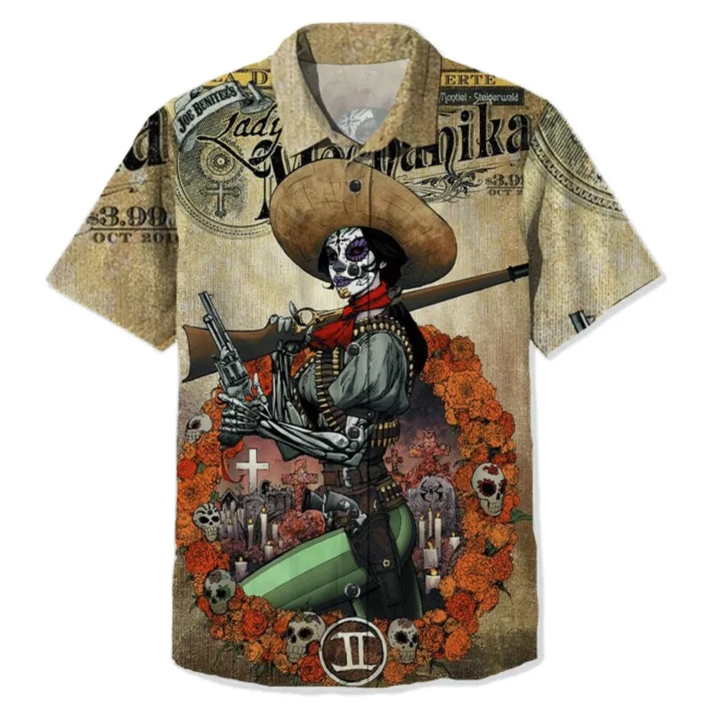 Western Day of The Dead Skeleton Cowgirl Marigold Cross Pattern Unisex Short Sleeve Blouse Camp Collar Loose Vacation Shirt