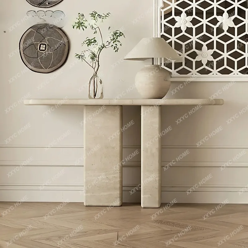 XXVintage Entryway Console Table Slim Travertine Decor Key Holder Living Room Partition Cream Style