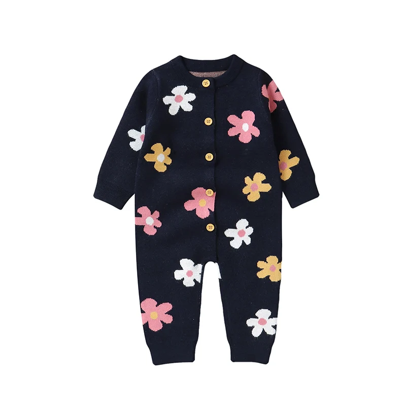 Fashion Baby Girls Knitted Rompers Long Sleeve Newborn Infant Floral Jumpsuits Spring Autumn Toddler Overalls Clothes One Pieces