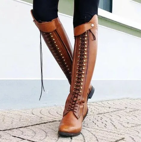 Women's Boots Fashion Retro Rivet Lace Foreign Trade Knee Over Boots Women's Boots Size 34-43