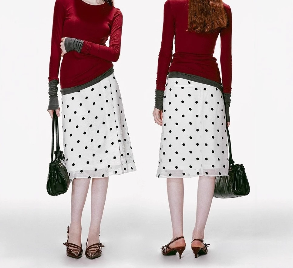 2026 Lace Polka Dot Midi Skirt  Women's Retro Versatile Midi Skirt