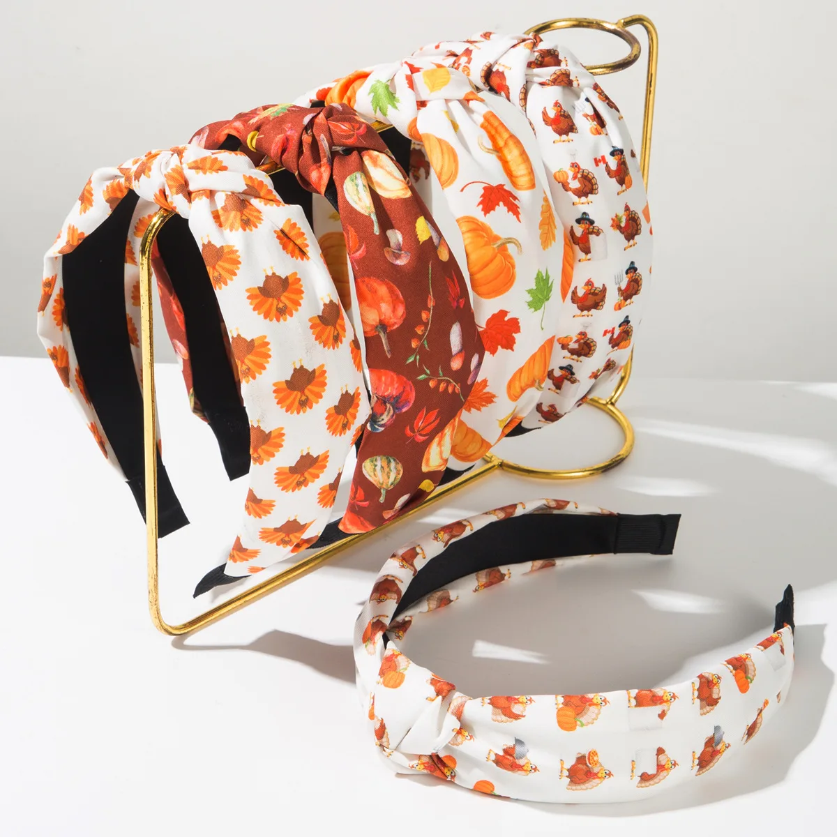 Cute Thanksgiving Turkey Pumpkin Knotted Hair Hoop Sponge Padded Wide Headband For Women Girls Fall Holiday Party Hair Accessory