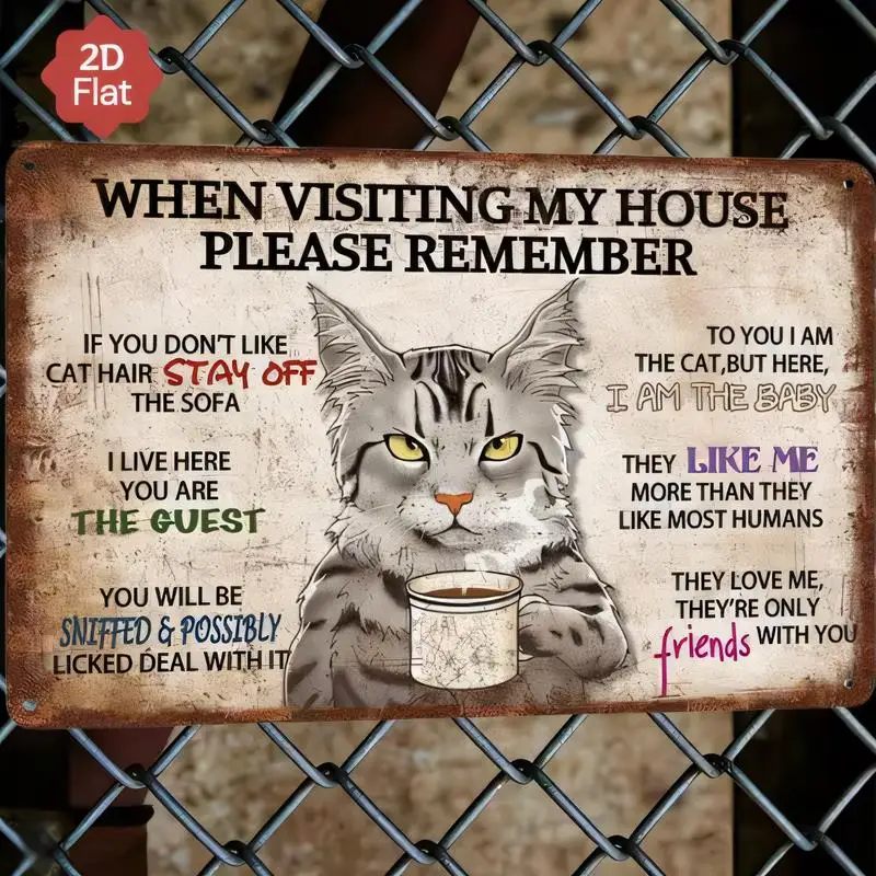2D Flat Vintage Metal Cat Sign - Funny House Rules & Coffee Cup Cat Design, Retro Iron Wall Art for Home/Living Room Decor, Cat