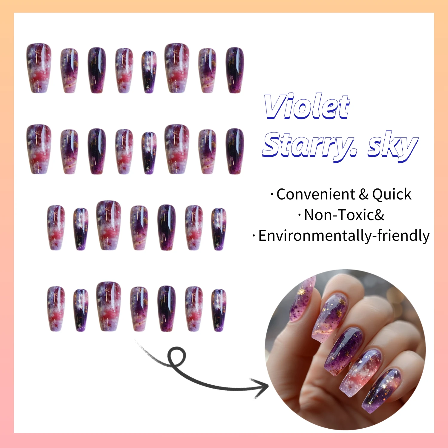 24 unids/set Y2K uñas postizas cortas de ballet medio puntas de uñas cuadradas Dreamy Violet Universe diseño de cielo estrellado prensa en uñas postizas arte